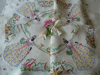 Vintage Hand Embroidered Tablecloth/ Exquisite Crinoline Ladies/country Setting