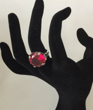 Vintage Sterling Lab Created Round Red Ruby Ring 4 Carat Circa 1940 Size 6 1/2