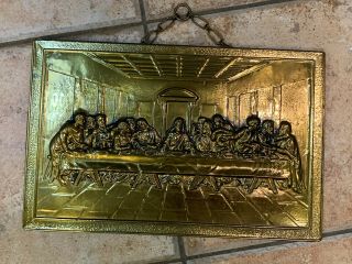 Vintage Elpec England The Last Supper Brass Relief Wall Art Chain Plaque 3 - D Euc