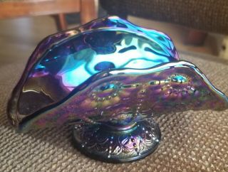 Vintage Carnival Glass Small Bowl Curved Glass Daisy Irridescent Blue Green