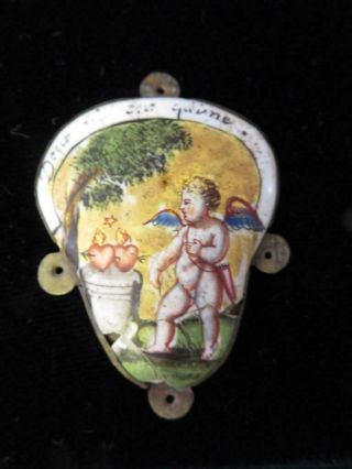 Antique Hand Painted Enamel On Brass Fragment Cupid With Hearts As Found