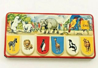 Vintage Watercolor Lithograph Tin Box Toy Zoo Paint Set Made In England