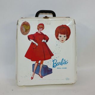 Barbie Doll White Carrying Case Trunk Vinyl Vintage 1963 With Barbie & Clothes