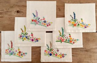 6 Vintage Napkins Hand Embroidered Linen Country Cottage Flowers