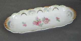 Vtg Serving Dish Condiment Bread Oblong Germany Floral Gold Accents Scalloped 2