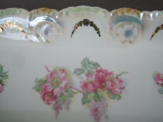 Vtg Serving Dish Condiment Bread Oblong Germany Floral Gold Accents Scalloped 3