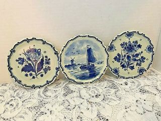 Vintage Delft Hanging Plate Flowers Windmill Boat Signed 4.  5 Inch Scalloped Edge