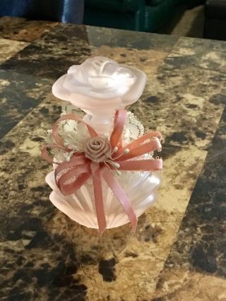 Vintage Pink Frosted Perfume Bottle With Rose Stopper And Lace Bow