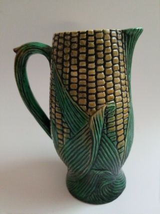 Vintage Corn W Green Leaf Majolica Art Pottery Pitcher Unmarked