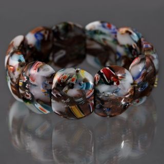 Wide Vtg Murano Venetian Millefiori Art Glass Bracelet Stretch Copper Aventurine