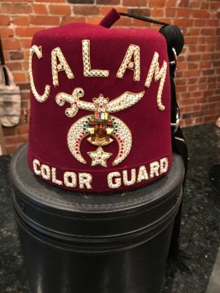 Vintage Mason Shriners Fez Hat & Case Calam Color Guard Size 7