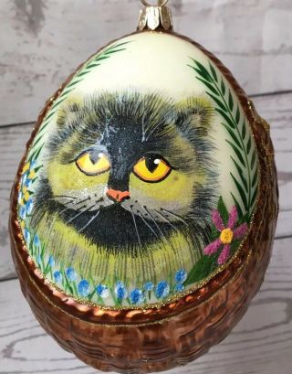 Vtg Glass Egg - Shaped Xmas Ornament,  Hand Painted Cat Image Front/back