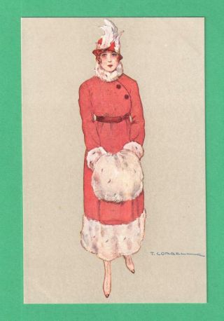 Vintage Corbella Art Deco Postcard Fashionable Lady Feather - Hat Muff