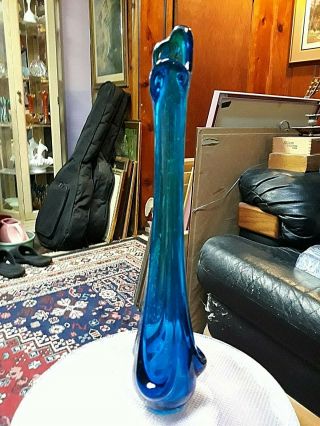 Vintage Viking Mid Century Art Deco Blue Swung Glass Bud Vase Genie Bottle