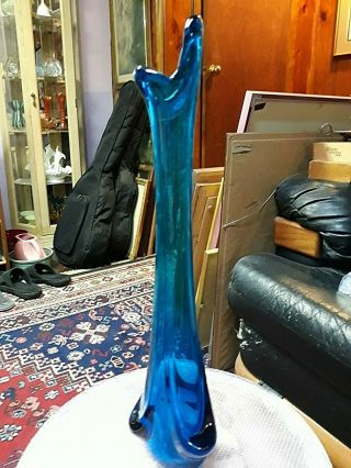 Vintage VIKING Mid Century Art Deco Blue Swung Glass Bud Vase Genie Bottle 5