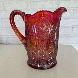 Heirloom Sunset Carnival Glass Iridescent Red Pitcher Vintage Indiana Glass 40oz 3