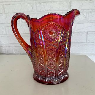 Heirloom Sunset Carnival Glass Iridescent Red Pitcher Vintage Indiana Glass 40oz 4