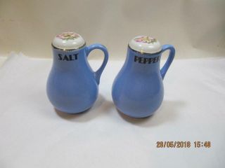 Vintage Hall Ceramic Blue & Rose Parade Salt Pepper Shakers Handles
