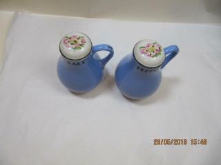 Vintage Hall Ceramic Blue & Rose Parade Salt Pepper Shakers Handles 2