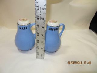 Vintage Hall Ceramic Blue & Rose Parade Salt Pepper Shakers Handles 3