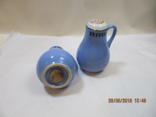 Vintage Hall Ceramic Blue & Rose Parade Salt Pepper Shakers Handles 4