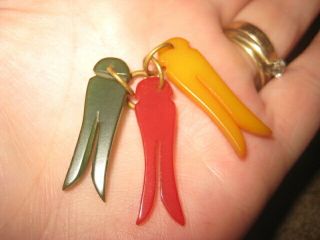 Clothes Pin Charms Set 3 Vintage Bakelite Jewelry Red Green Yellow 1 1/4 " L