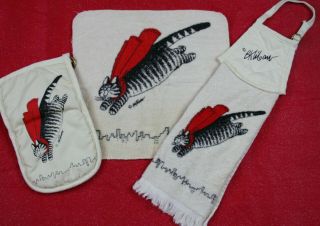 Vintage B Kliban Flying Cat Red Cape Kitchen Towel Oven Mitt Dish Face Cloth 3pc