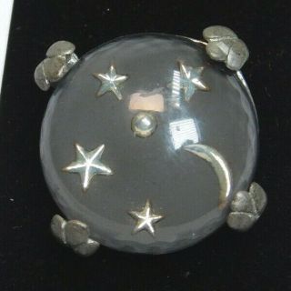 Antique Vtg Charmstring Button Gray Glass W Foil Moon & Stars In Metal D5