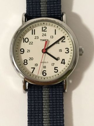 Timex Vintage Mens Watch Indiglo Stainless Steel Case Nylon Blue/gray Band