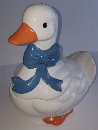 Vintage B&d Ceramic White Goose Duck With Blue Bow Cookie Jar Canister