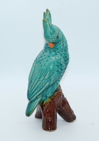 Vintage Mid Century Large 12 1/2 " Blue Majolica Ceramic Cockatoo Bird Figurine