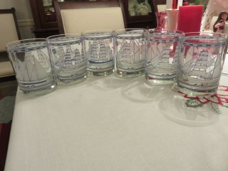 6 Vtg Georges Briard 4 1/8 " Double Old Fashioned Glass Tumblers Sailing Ships Ex