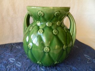 Vintage Shawnee Pottery Green Two Handled Vase 827 Quilted Daisy Design