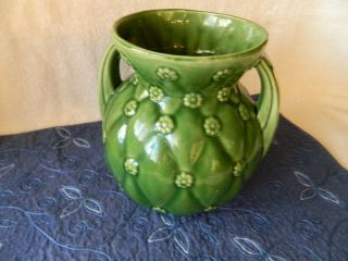 Vintage Shawnee Pottery Green Two Handled Vase 827 Quilted Daisy Design 2