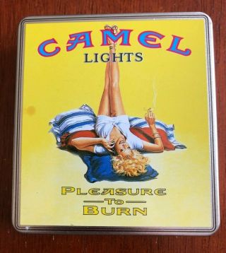 Vintage Camel Lights Hinged Tin.  " Pleasure To Burn "