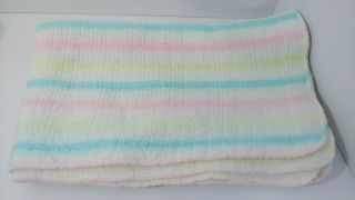 Vintage Baby Blanket Acrylic Open Weave White Pastel Stripes Pink Blue Yellow