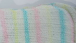 Vintage Baby blanket acrylic open weave white pastel stripes pink blue yellow 3
