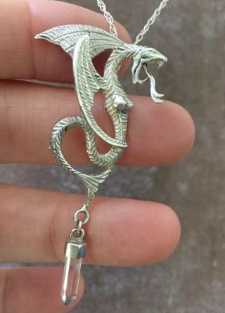 Vintage Jewellery Lovely Sterling Silver & Rock Crystal Dragon Serpent Pendant