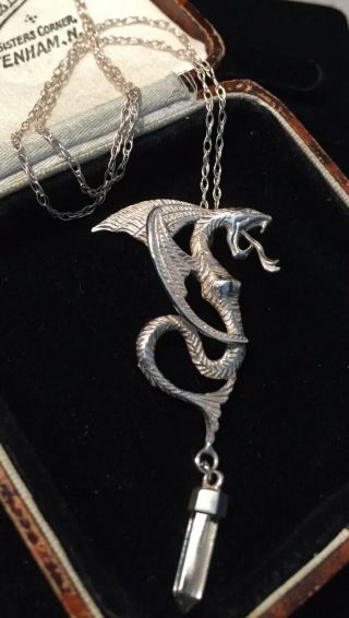 Vintage Jewellery Lovely Sterling Silver & rock crystal dragon serpent pendant 2