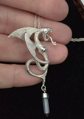 Vintage Jewellery Lovely Sterling Silver & rock crystal dragon serpent pendant 4