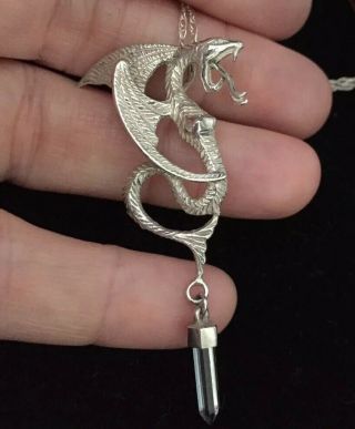 Vintage Jewellery Lovely Sterling Silver & rock crystal dragon serpent pendant 5