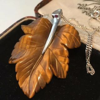 Vintage Jewellery Stunning Sterling Silver & Tigers Eye Leaf Pendant And Chain