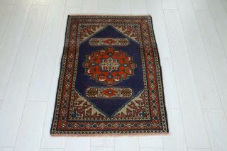 3.  34fx2.  4ft Small Hand Knotted Tribal Area Rug Navy Blue Vintage Wool Carpet