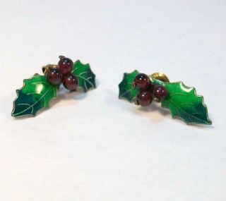 Estate Vtg Chinese Sterling Silver Holly & Berries Enamel Pierced Earrings