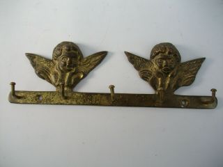 Vtg Solid Brass 5 Key Kitchen Hook Angels Cherubs Wall Hanging Mount Patina