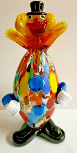 Vintage Clown Figurine Murano Glass Italy Style 7 In Bozo Rainbow Colors Circus
