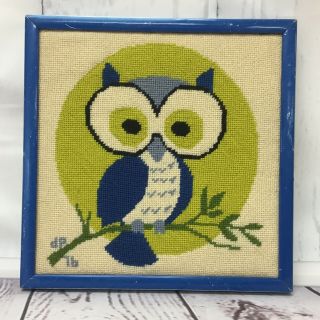 Vintage 1976 Owl Needlepoint Picture In Frame 11 X 11 Blue Green Moonlight Tree