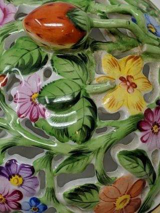 Vtg Herend Hungary Floral Hand Painted Strawberry Finial Pierced Porcelain Bowl 7