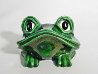 Vintage Retro Green Pottery Frog Figure Artist Signed Lona Yona Unknown Maker