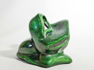 Vintage Retro Green Pottery Frog Figure Artist Signed Lona Yona Unknown Maker 4